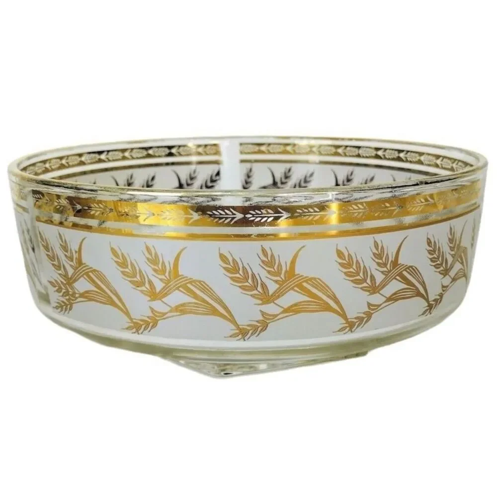 Vintage 60s MCM Gold Wheat Heavy Bottom Frosted Glass Pedestal Chip Bowl